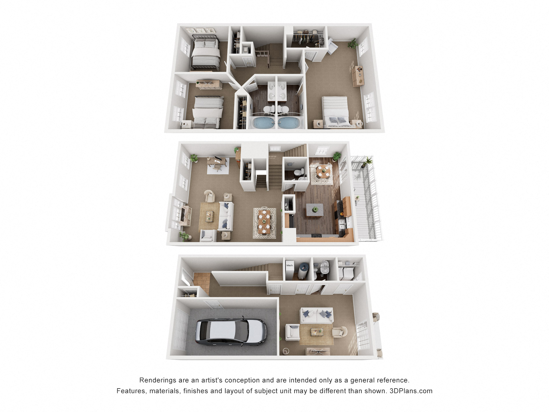Floor plan for 3 beds, 2.5 baths, 2288 sqft